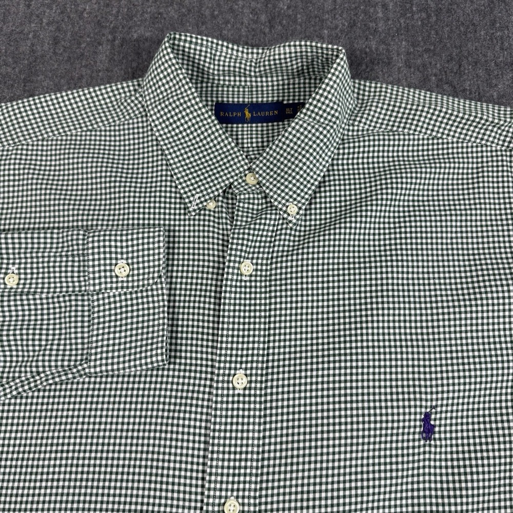 Ralph Lauren XLT Tall Shirt Green White Gingham Check 100% Cotton Pony